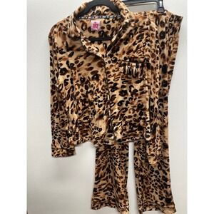Juicy Couture Leopard Print Velour Pajama Set Long Sleeve Button Up Pants L